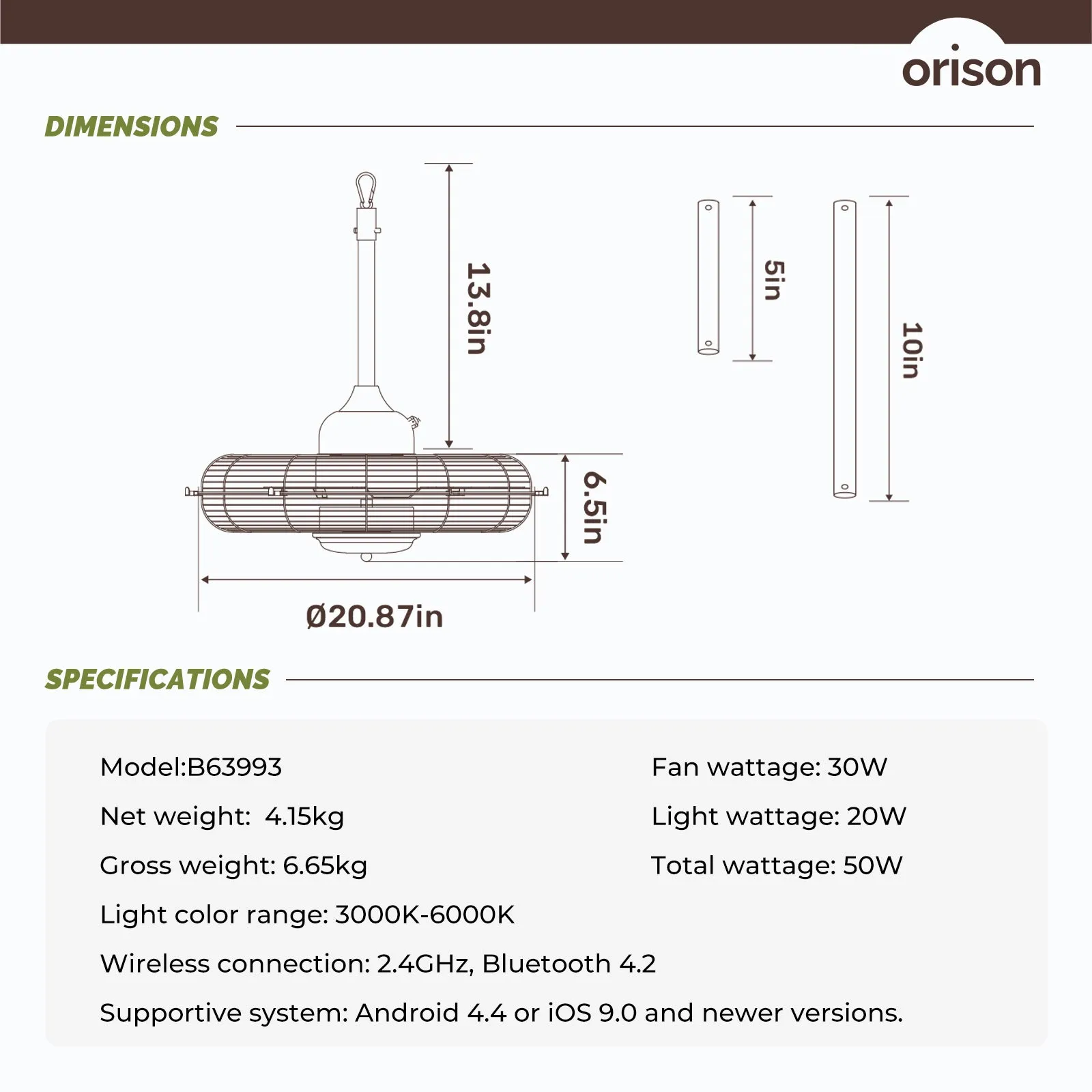 21" Orison Outdoor Gazebo Fan with Lights, Wet Rated Hanging Fan for Patio