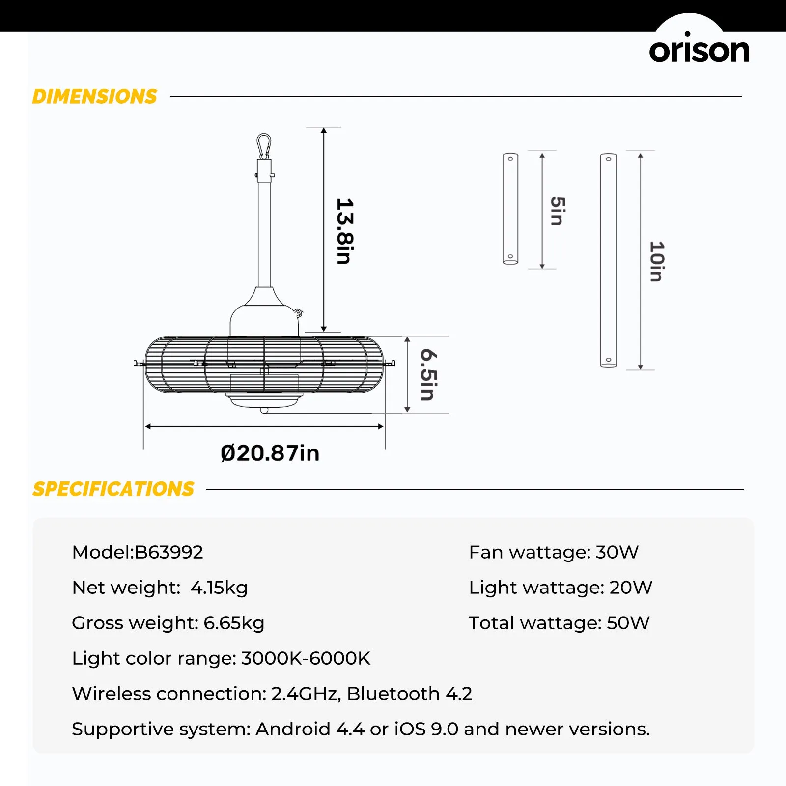 21" Orison Outdoor Gazebo Fan with Lights, Wet Rated Hanging Fan for Patio(Yellow Cage)