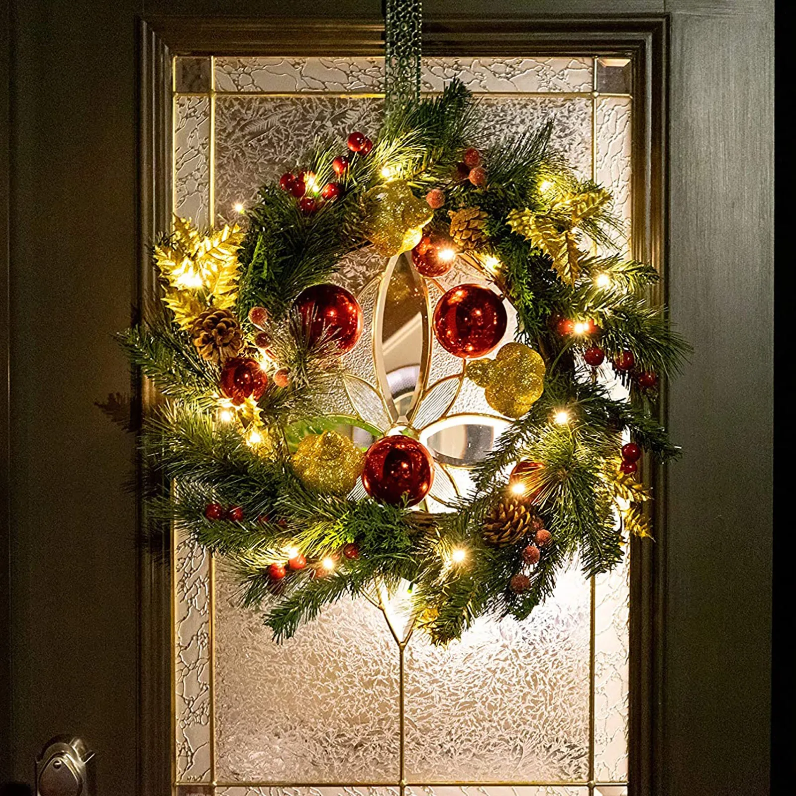 22 Inch Light-Up Christmas Wreath with Red & Gold Ornaments, Solar Powered LED Lights