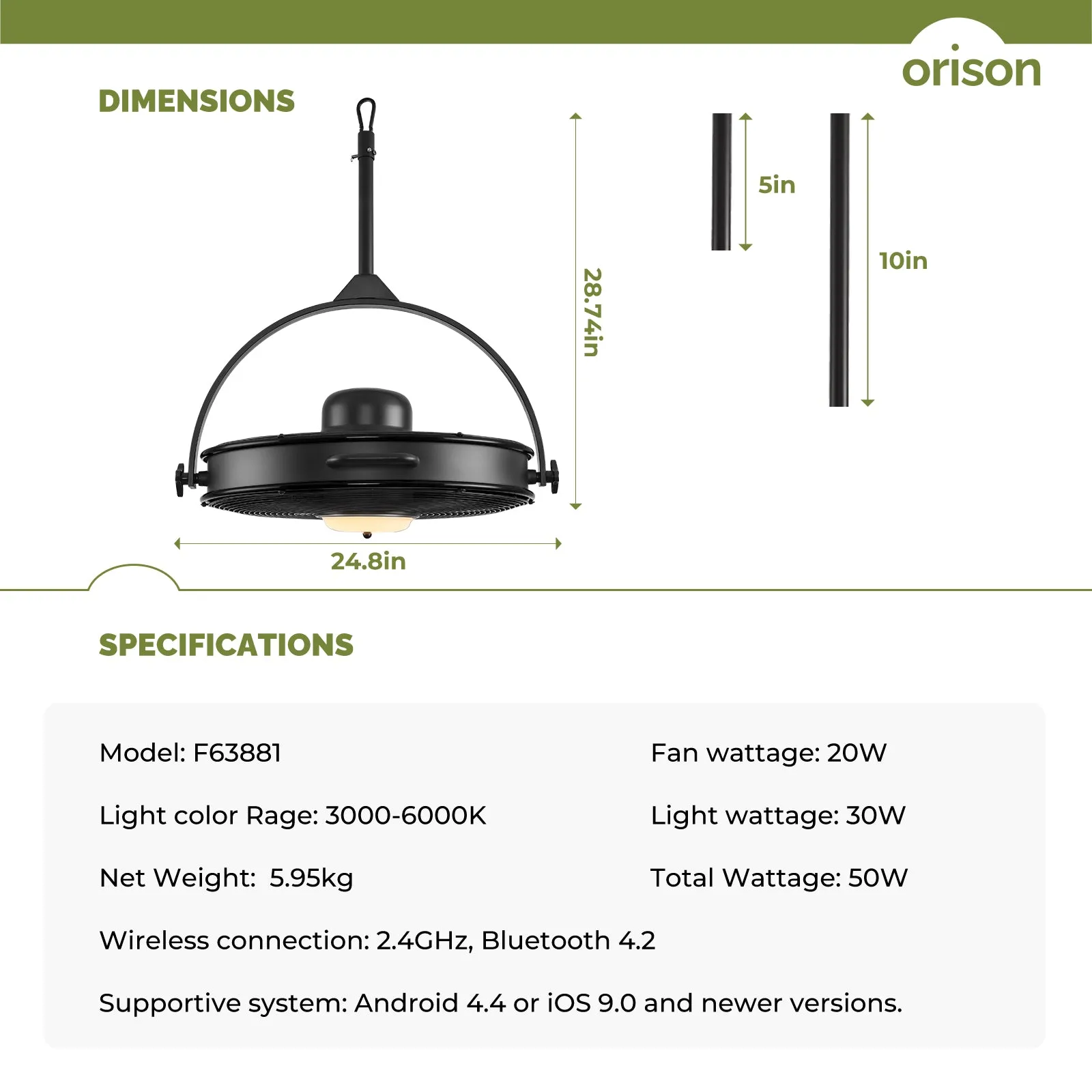 24.8" Orison Outdoor Ceiling Fan with Light 360-degree Manual Vertical Rotation - Waterproof(Black)