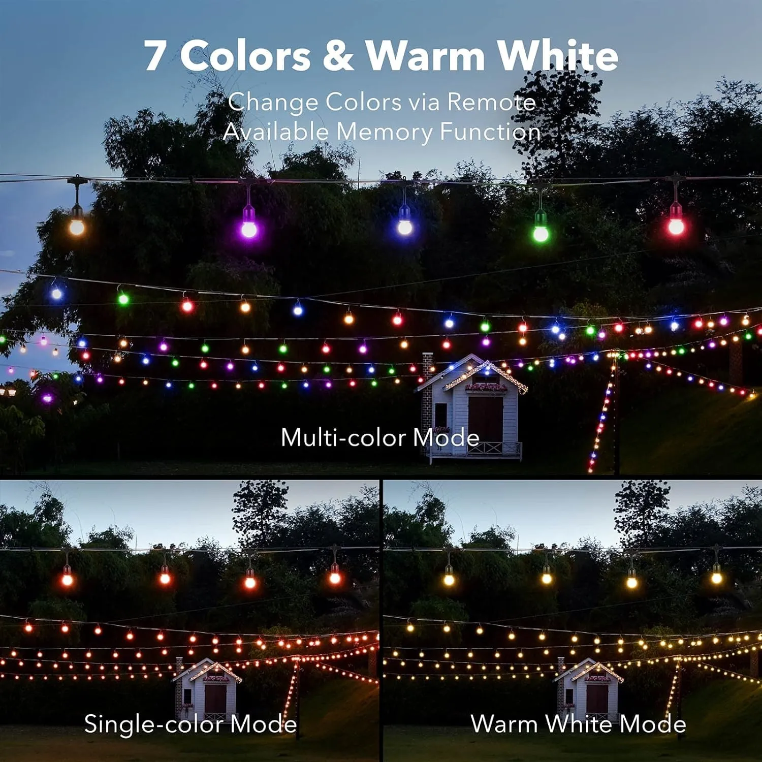 48ft Waterproof RGBW-Remote Controlled  15 LED Bulbs Shatterproof & Dimmable Outdoor String Lights HBN