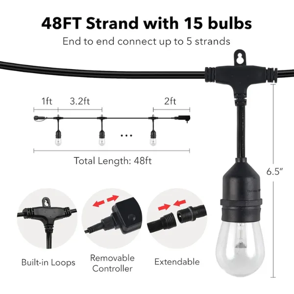 48ft Waterproof RGBW-Remote Controlled  15 LED Bulbs Shatterproof & Dimmable Outdoor String Lights HBN