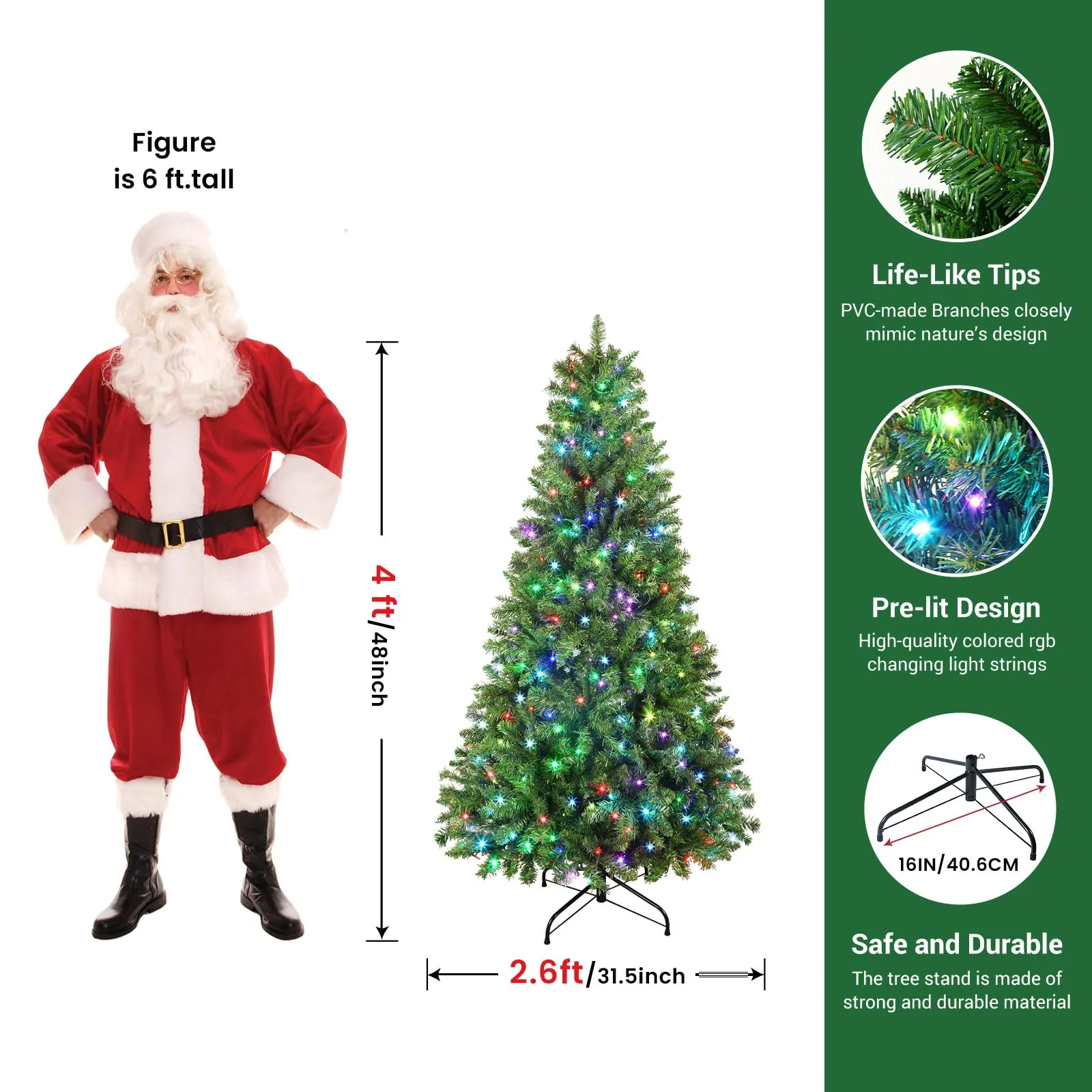 4ft Prelit RGB Lights Premium Artificial Hinged Christmas Tree-Green