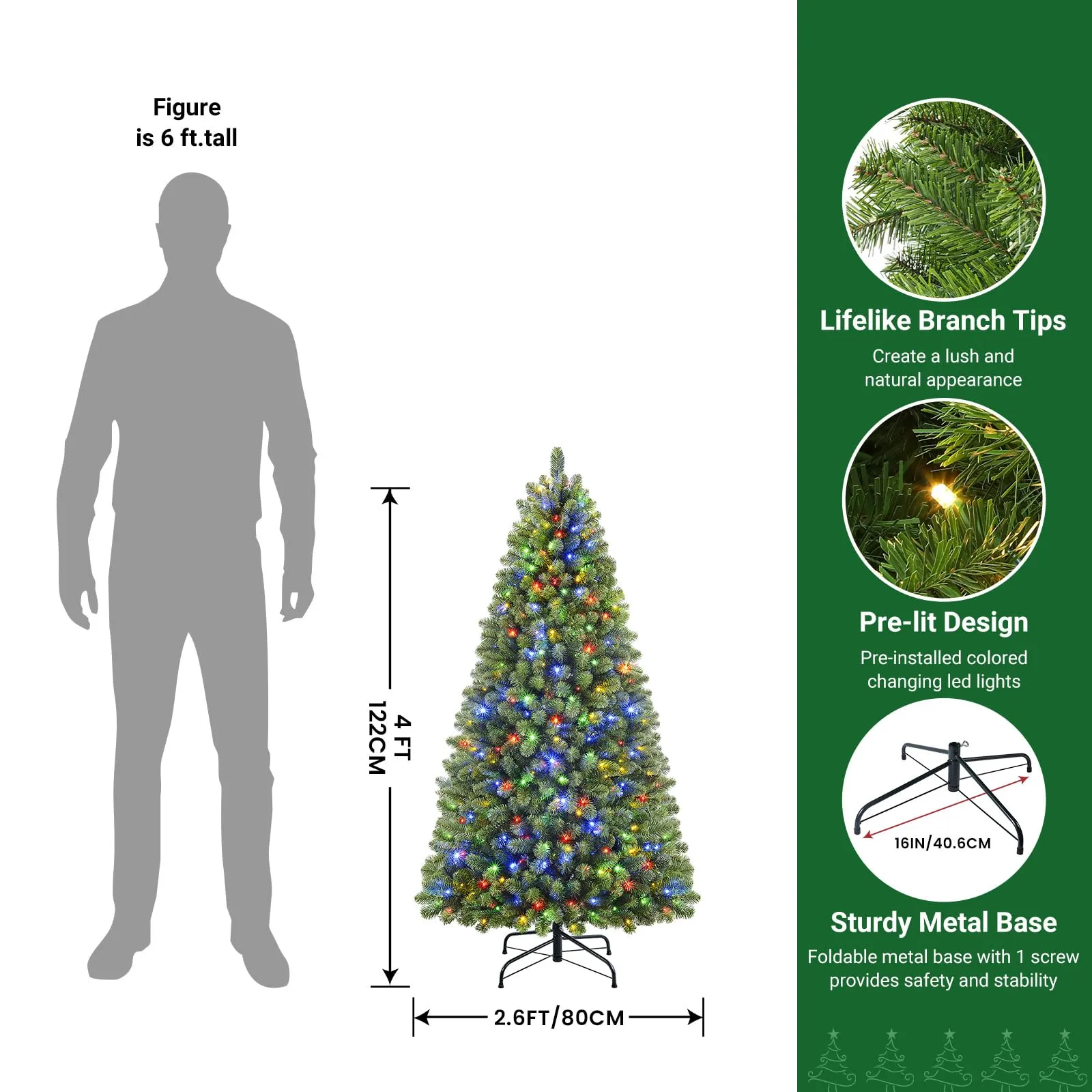 4ft Prelit Warm White & Multi-Color Lights Premium Artificial Hinged Christmas Tree