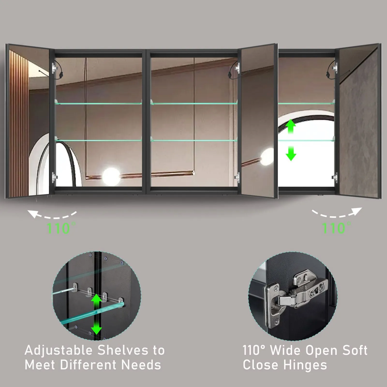 60" x 30" Surface Mount LED Black Double Door Medicine Cabinet with Mirror Defogging and Dimmer