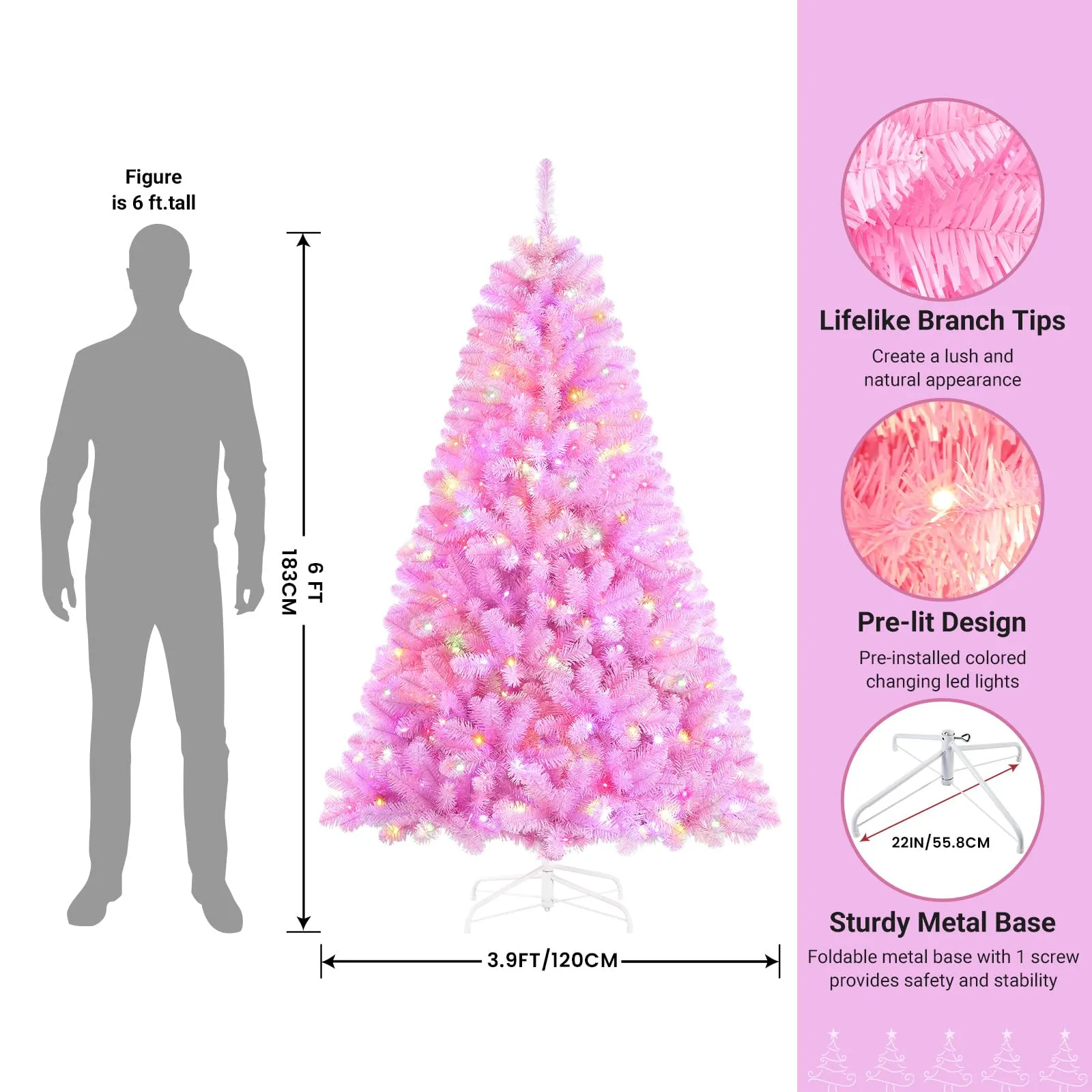 6ft Prelit Warm White & Color LED Changing Lights Premium Artificial Hinged Christmas Tree with Remote Control