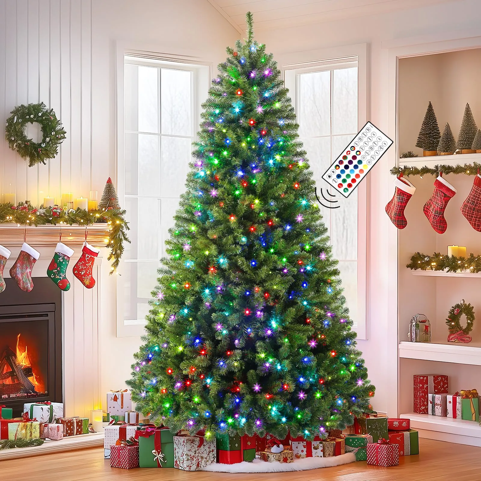 7.5ft Prelit 470 Multi Color RGB Lights 1264 PVC Branch Premium Artificial Hinged Christmas Tree with Remote-Green