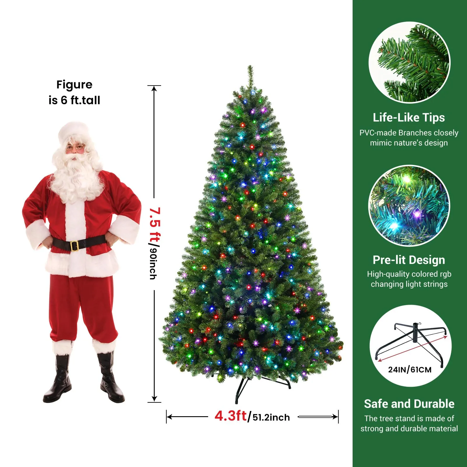 7.5ft Prelit 470 Multi Color RGB Lights 1264 PVC Branch Premium Artificial Hinged Christmas Tree with Remote-Green