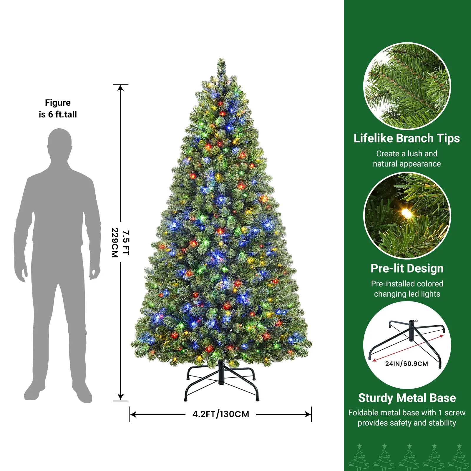 7.5ft Prelit Warm White & Color LED Changing Lights Premium Artificial Hinged Christmas Tree with Remote Control