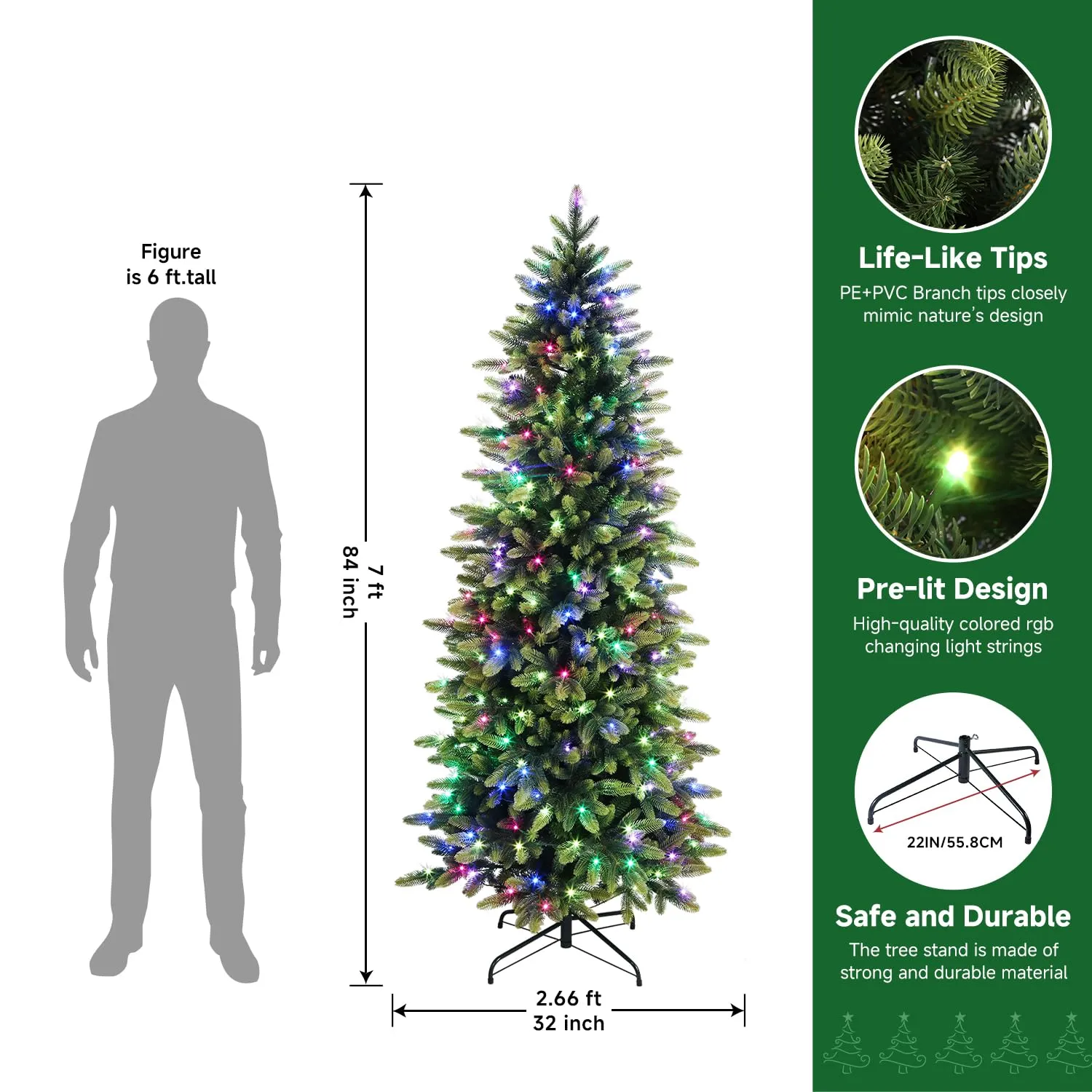 7ft Prelit Multi-Color RGB Lights Artificial Hinged Christmas Tree with Remote Control