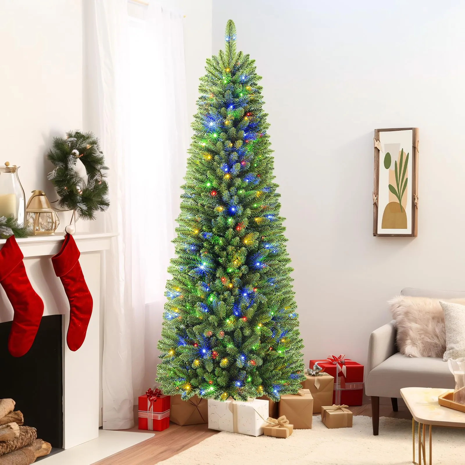 7ft Prelit Warm White & Multi-Color Lights Artificial Hinged Slim Pencil Christmas Tree with Remote Control