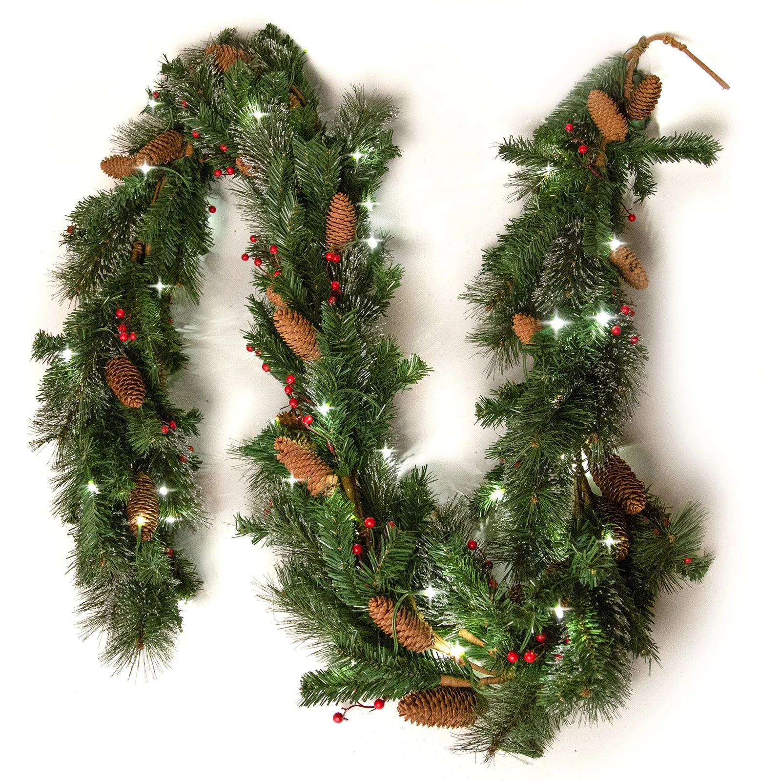 9 Ft Light-Up Christmas Garland with Pine & Red Cranberries, Battery Operated LED Lights with Timer, 108" x 10"