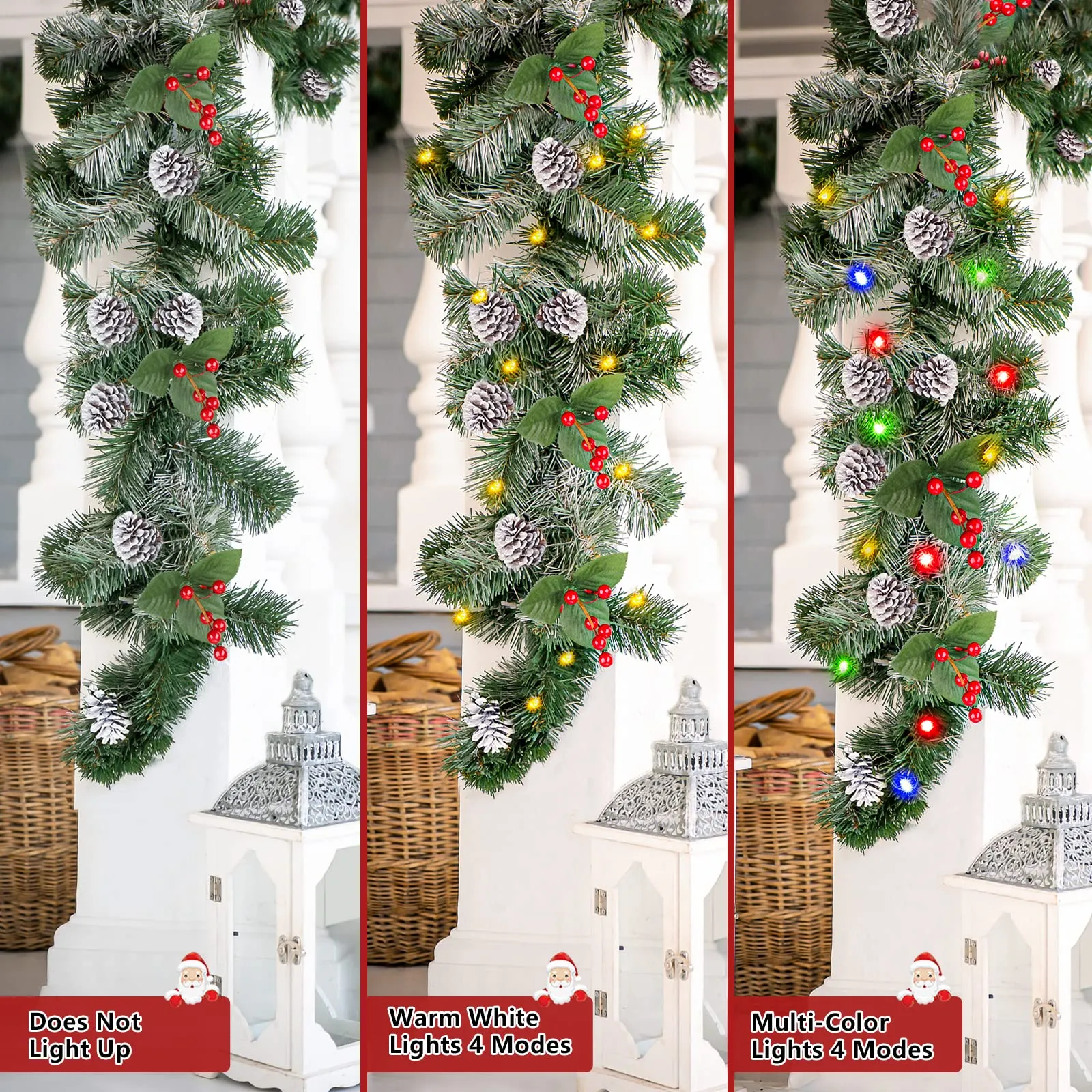 9FT Prelit Multi-Color Lights Pine Cones and Red Berries Artificial Christmas Garland with Timer