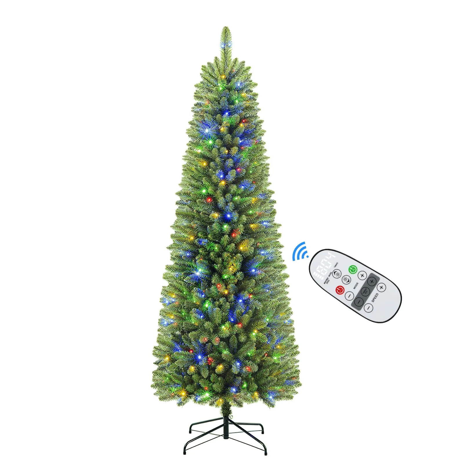 9ft Warm White & Multi-Color Lights Premium Prelit Artificial Hinged Slim Pencil Christmas Tree with Remote Control