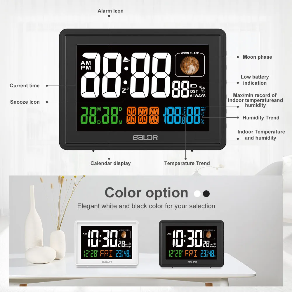 BALDR Atomic Alarm Clock - Large Color Display Digital Desk Clock with Indoor Thermometer, Humidity Sensor, and Real-Time Moon Phases