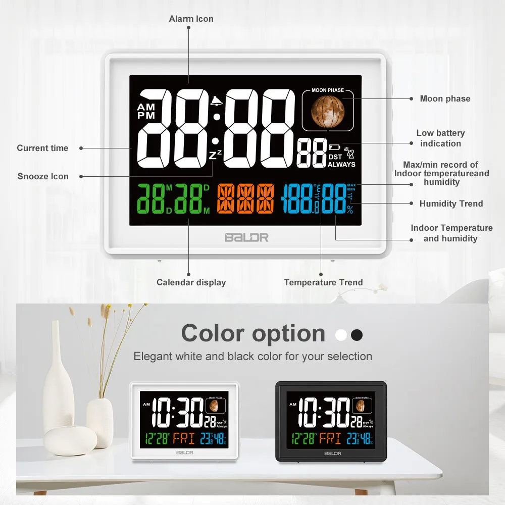 BALDR Atomic Alarm Clock - Large Color Display Digital Desk Clock with Indoor Thermometer, Humidity Sensor, and Real-Time Moon Phases