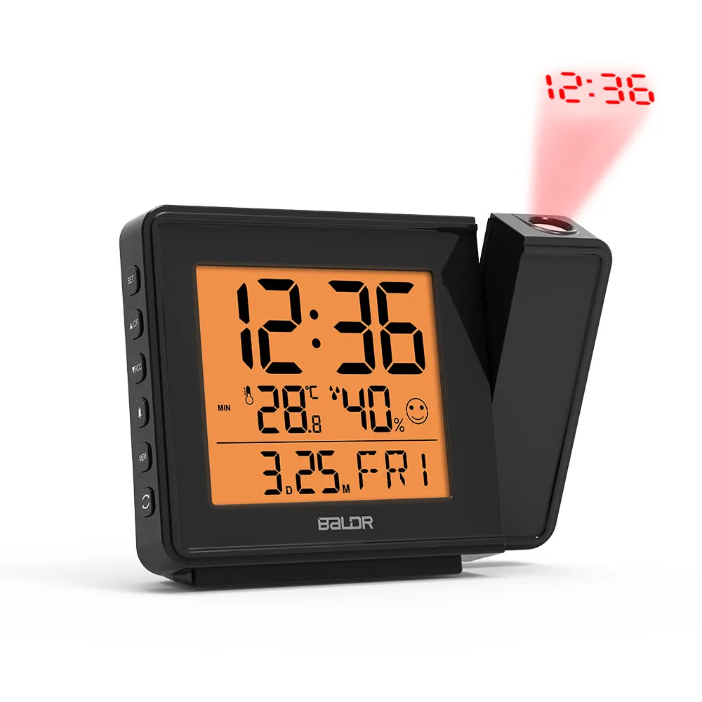 BALDR Digital Time Projection Alarm Clock WWVB - Atomic Time Projector on Ceiling Wall with Orange Backlight, Calendar Temperature Display, Adjustable Brightness