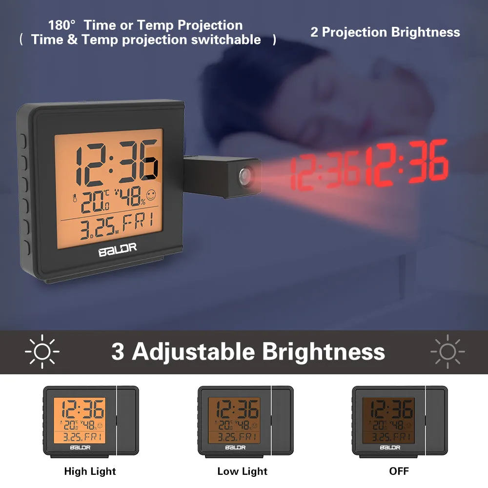 BALDR Digital Time Projection Alarm Clock WWVB - Atomic Time Projector on Ceiling Wall with Orange Backlight, Calendar Temperature Display, Adjustable Brightness