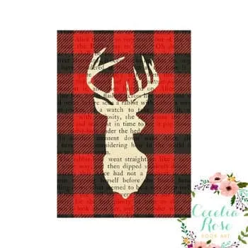 Book Art - Buffalo Plaid Deer Head - 5x7 Unframed Print - Cecelia Rose Book Art