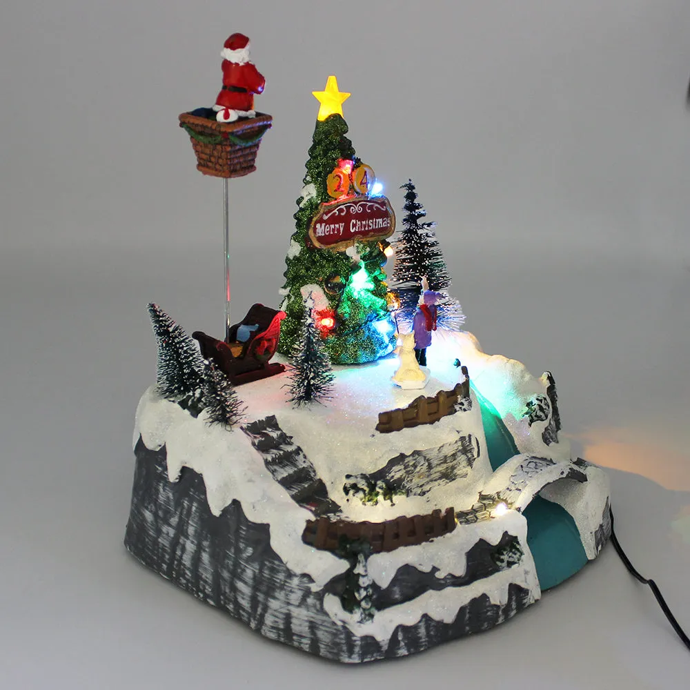 Christmas Village Snowy Hillside Animated Santa Christmas Tree LED Lights Music