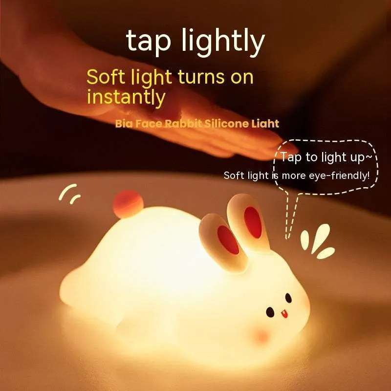 Cute LED Rechargeable Night Light Touch Sensor Cartoon Kid's Nightlights Big Face Rabbit Silicone Night Light Christmas Gift Bedside Lamp Home Decor