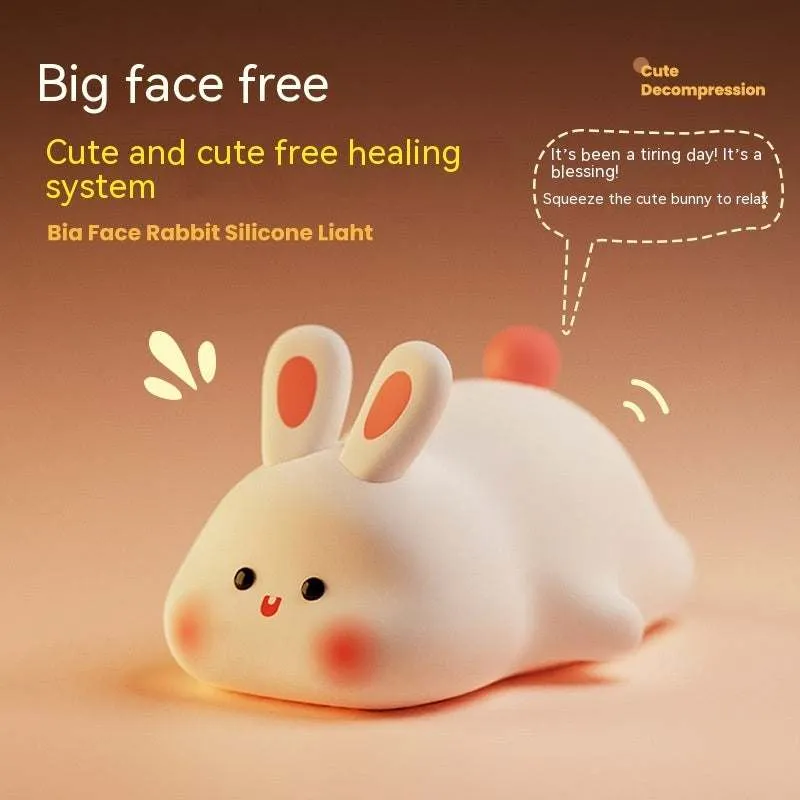 Cute LED Rechargeable Night Light Touch Sensor Cartoon Kid's Nightlights Big Face Rabbit Silicone Night Light Christmas Gift Bedside Lamp Home Decor