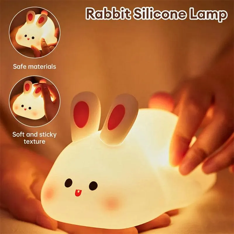 Cute LED Rechargeable Night Light Touch Sensor Cartoon Kid's Nightlights Big Face Rabbit Silicone Night Light Christmas Gift Bedside Lamp Home Decor