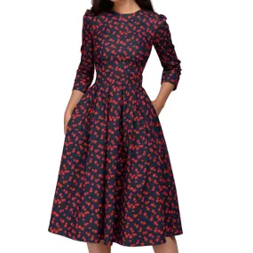 DressBetty - Vintage Print Midi Evening Sleeves A-Line O-Neck Dress