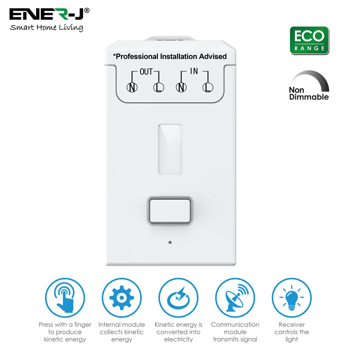 Enerj 2 Gang Wireless Kinetic Switch, White with 2 Non Dimmable 5A RF Receiver Eco Range