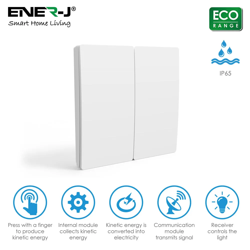 Enerj 2 Gang Wireless Kinetic Switch, White with 2 Non Dimmable 5A RF Receiver Eco Range