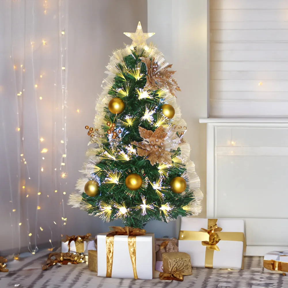 Golden Holly Flowers Baubles Christmas Fibre Optic Tree Pre-Lit Warm White Lights