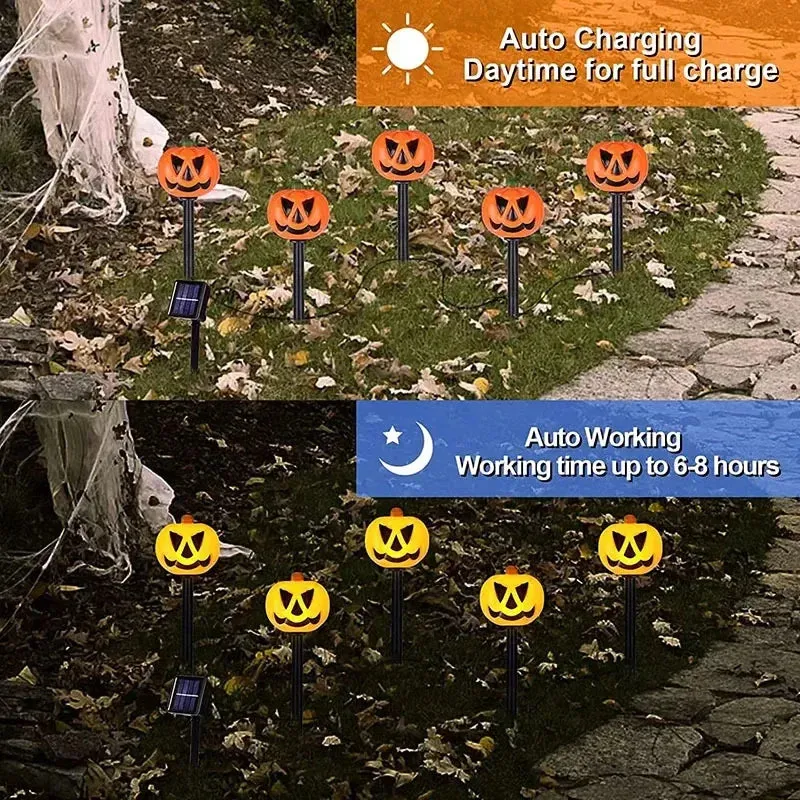 Halloween Pumpkin LED String Lights - Set of 5 Water-Resistant Battery-Operated Outdoor Decorations