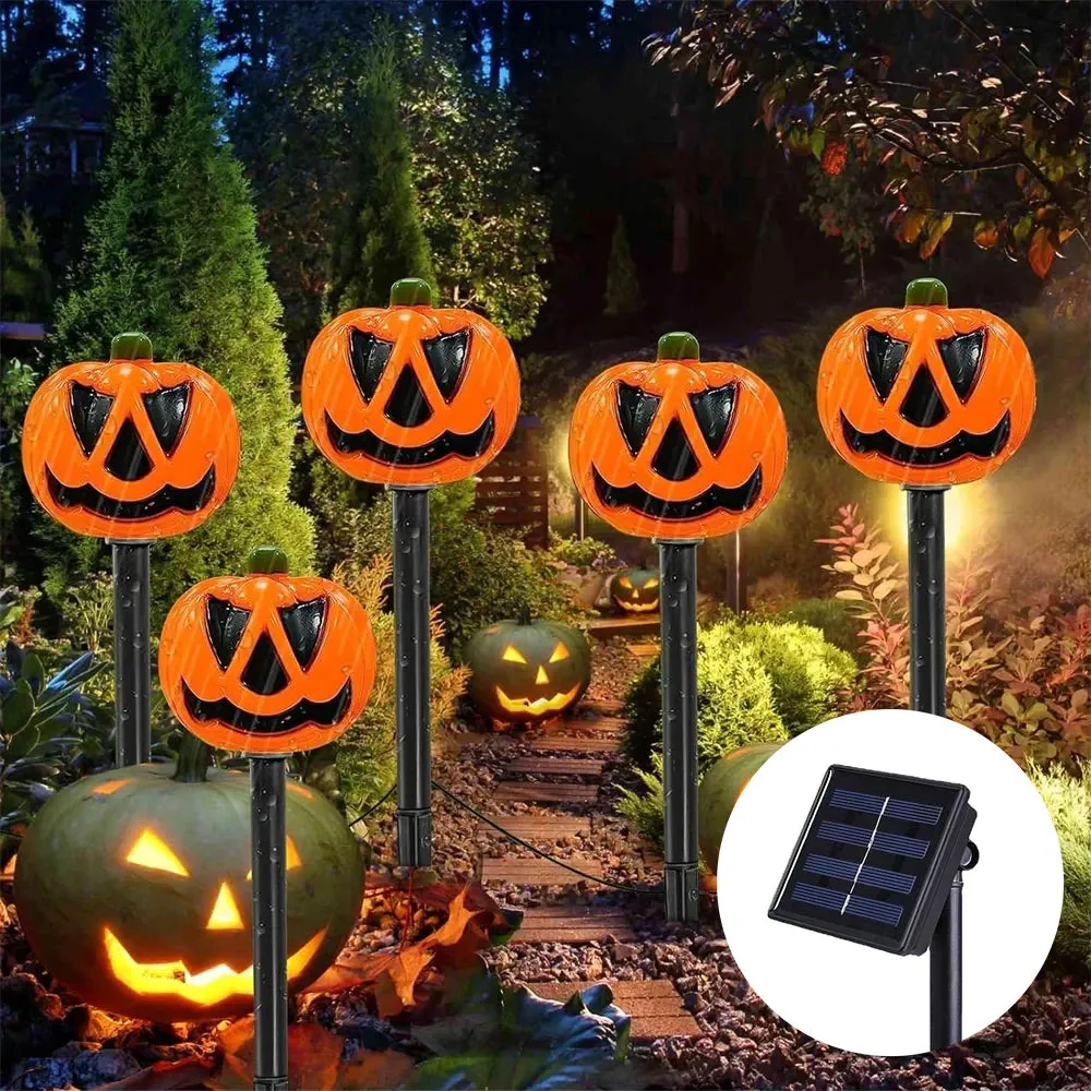 Halloween Pumpkin LED String Lights - Set of 5 Water-Resistant Battery-Operated Outdoor Decorations