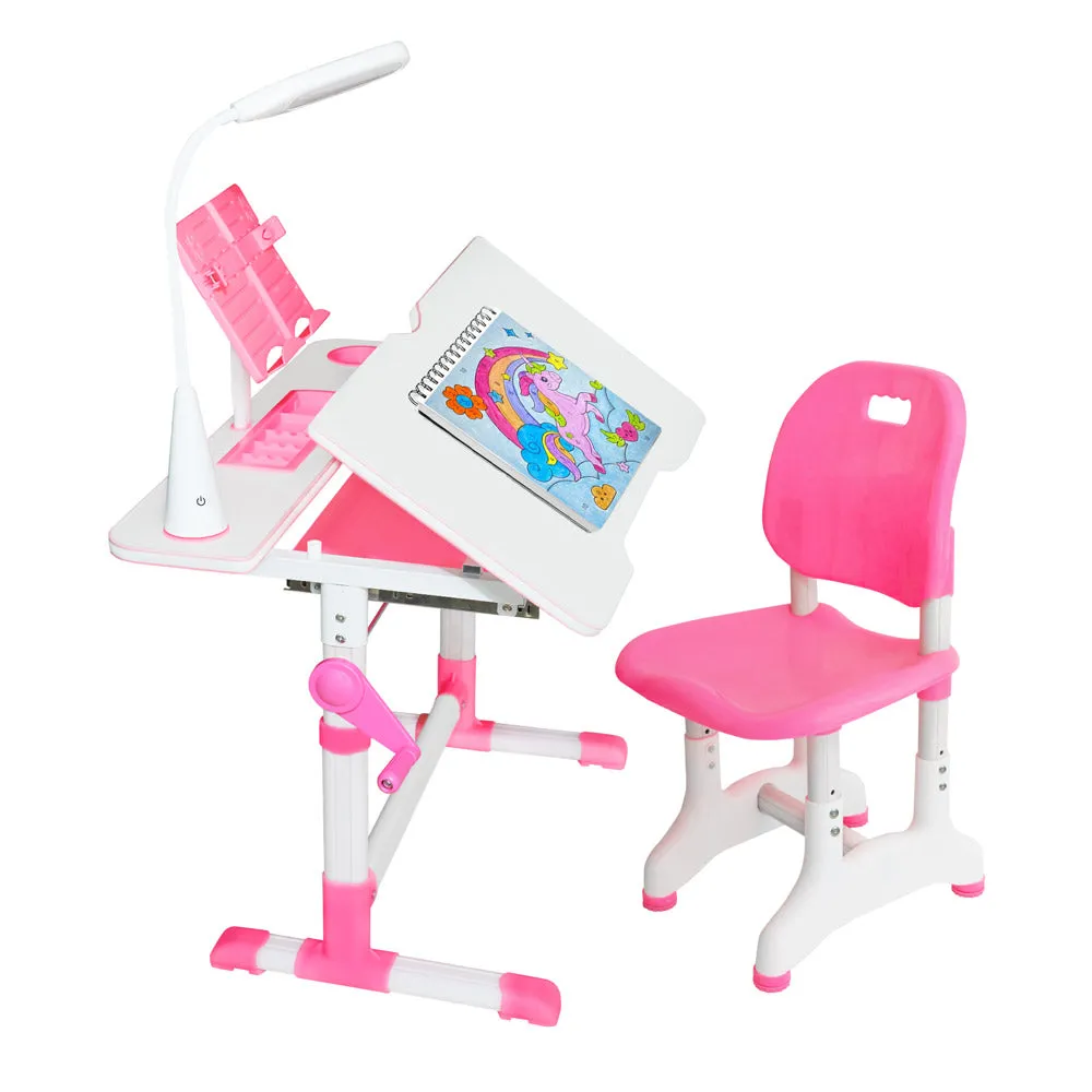 Height Adjustable Desk for Kids - Chair, Book Stand, Drawers, LED Lamp