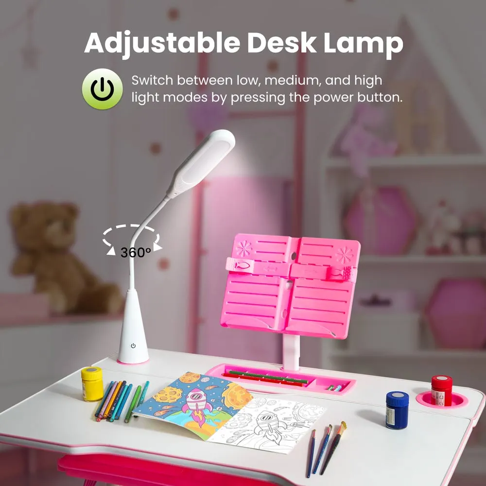 Height Adjustable Desk for Kids - Chair, Book Stand, Drawers, LED Lamp