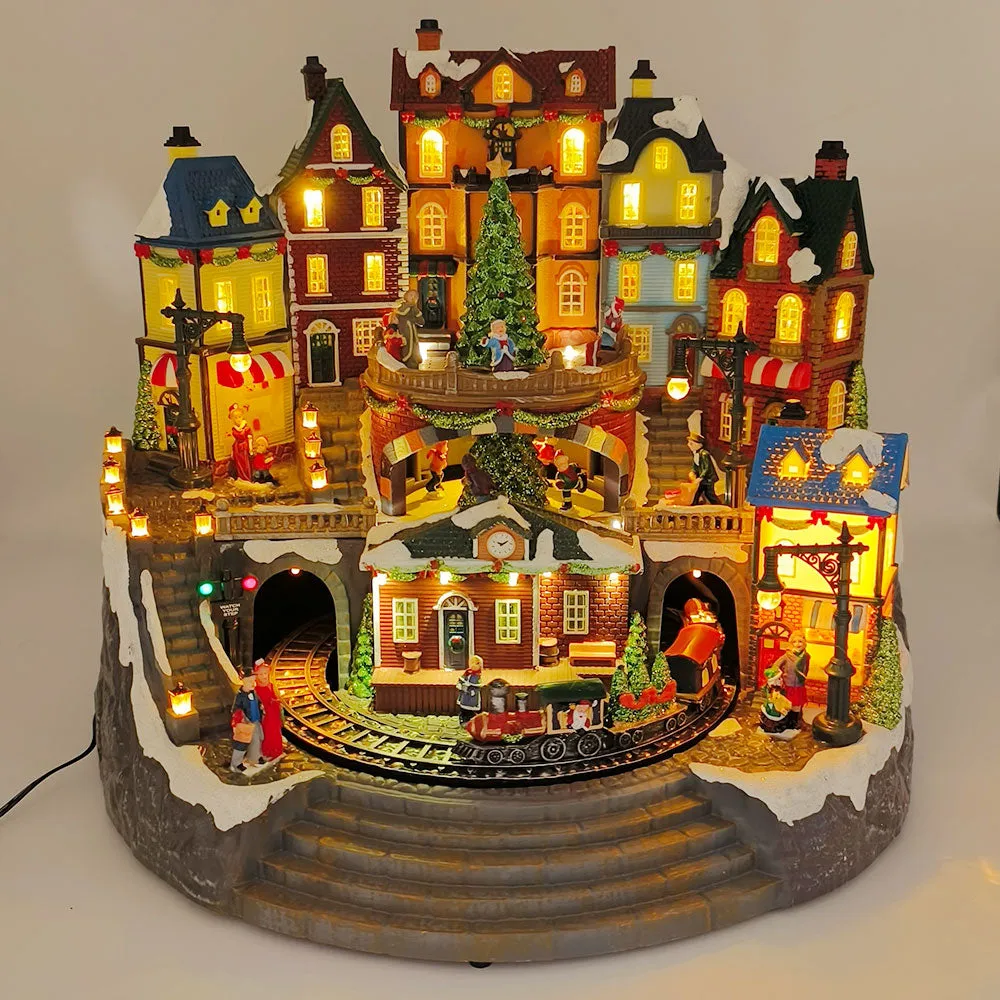 Large Animated Christmas Village Train Station Building Xmas Tree Musical LED Light-up