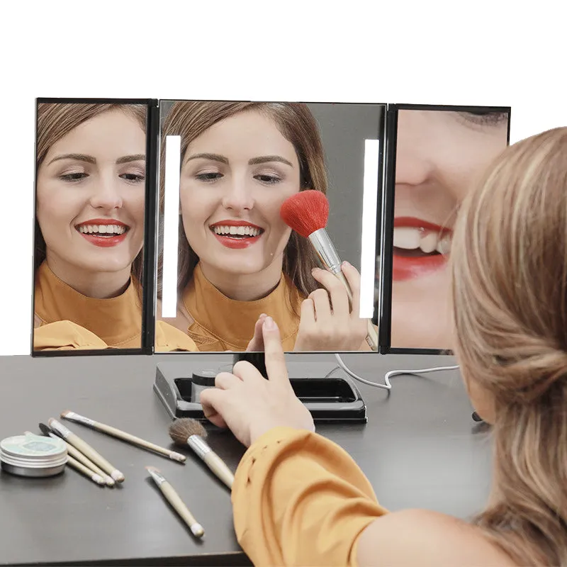 LED Lighted 3-fold Desktop Makeup Vanity Mirror - 10X Magnification