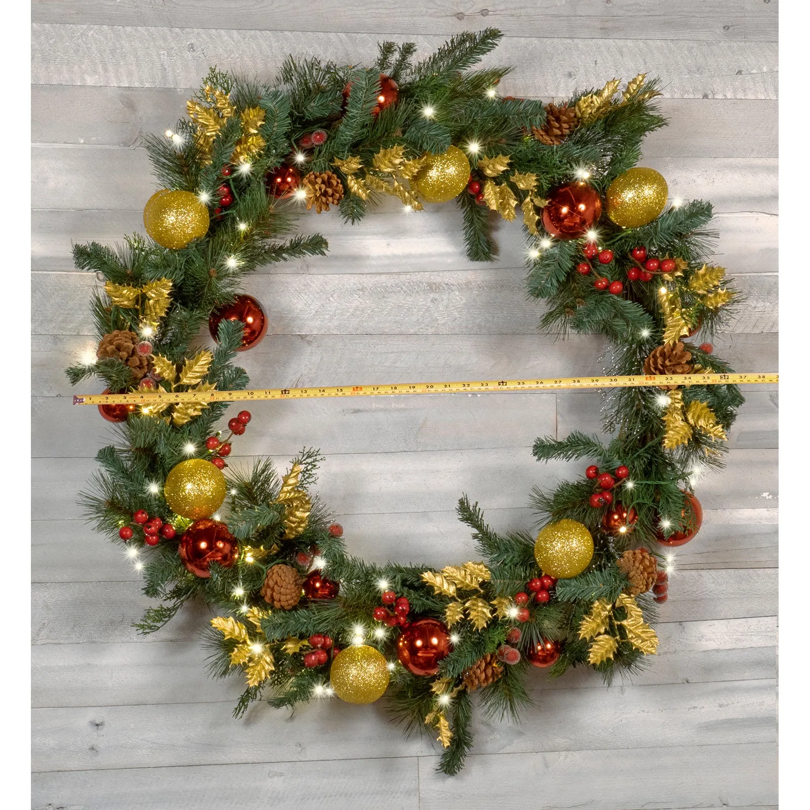 Light-Up Christmas Wreath with Red & Gold Ornaments, Battery Operated LED Lights with Timer