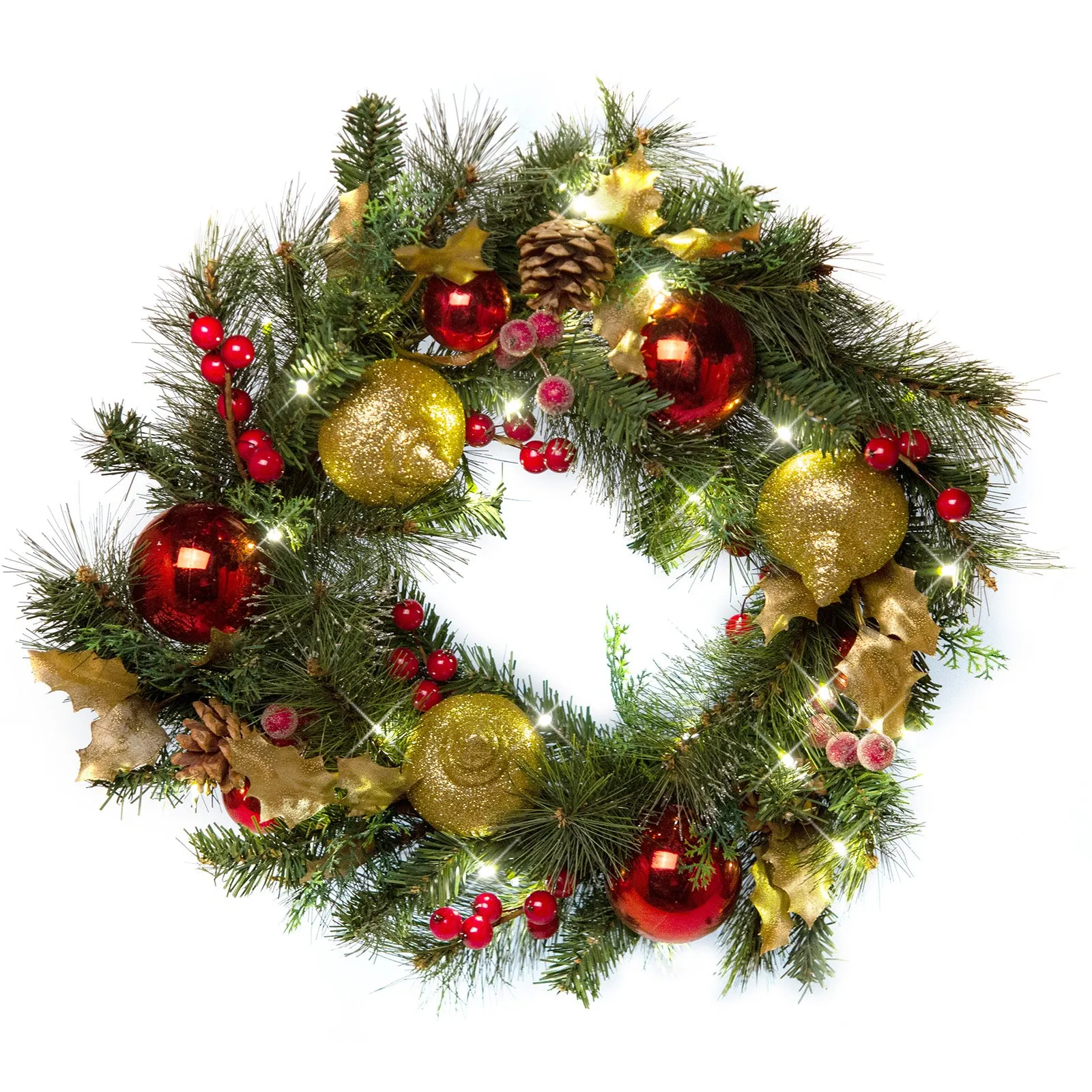 Light-Up Christmas Wreath with Red & Gold Ornaments, Battery Operated LED Lights with Timer