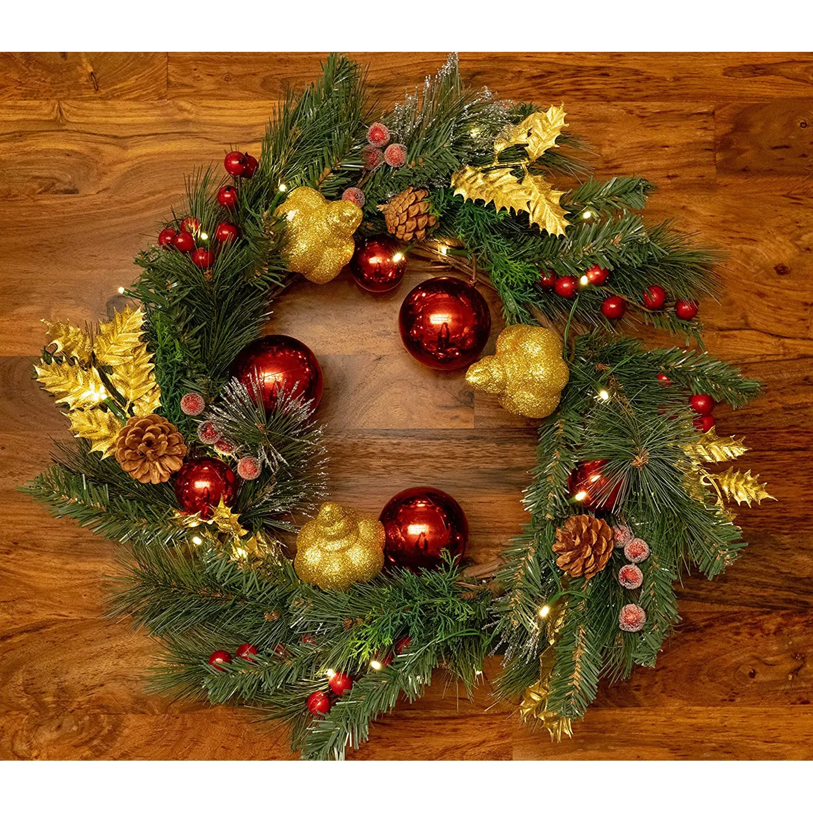 Light-Up Christmas Wreath with Red & Gold Ornaments, Battery Operated LED Lights with Timer