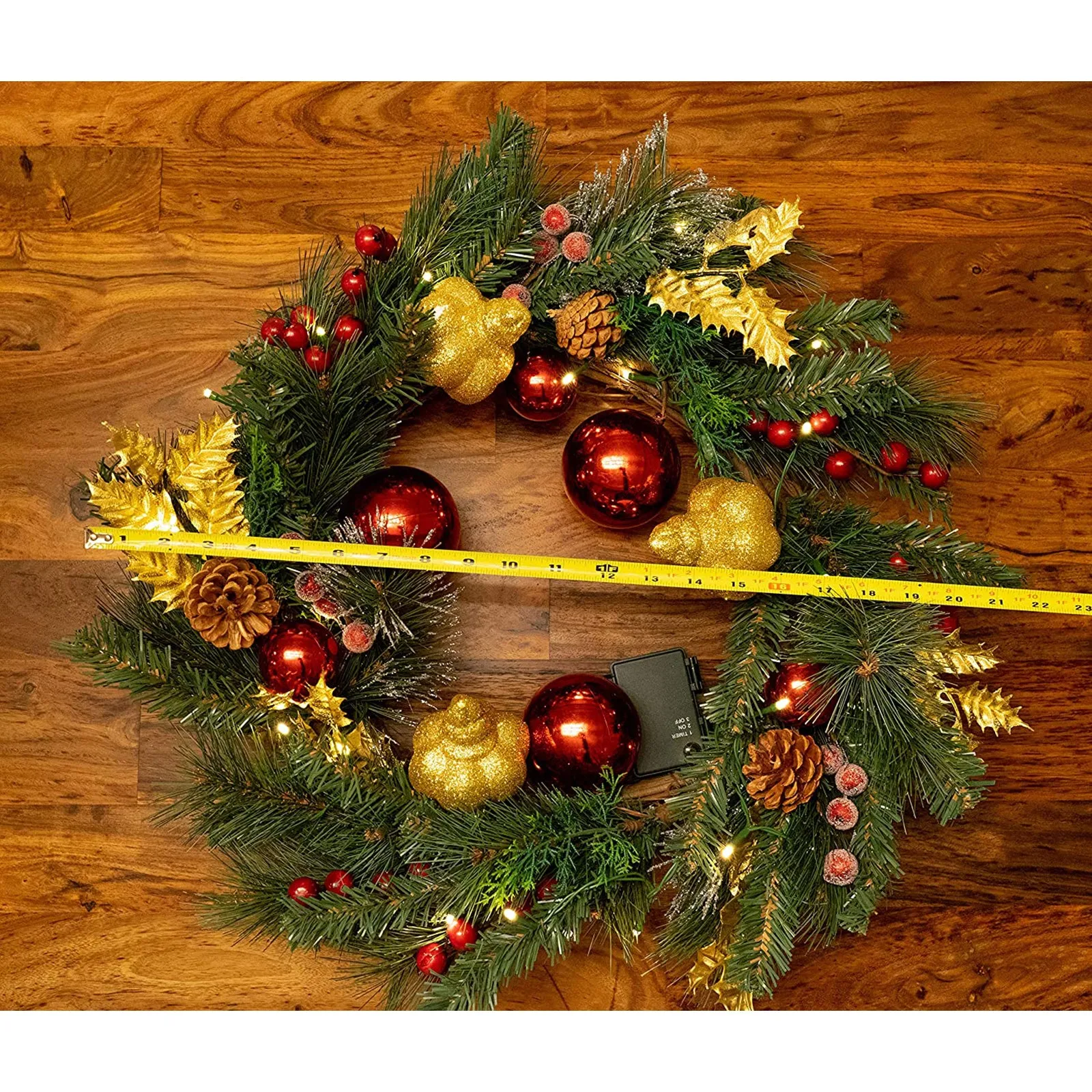 Light-Up Christmas Wreath with Red & Gold Ornaments, Battery Operated LED Lights with Timer