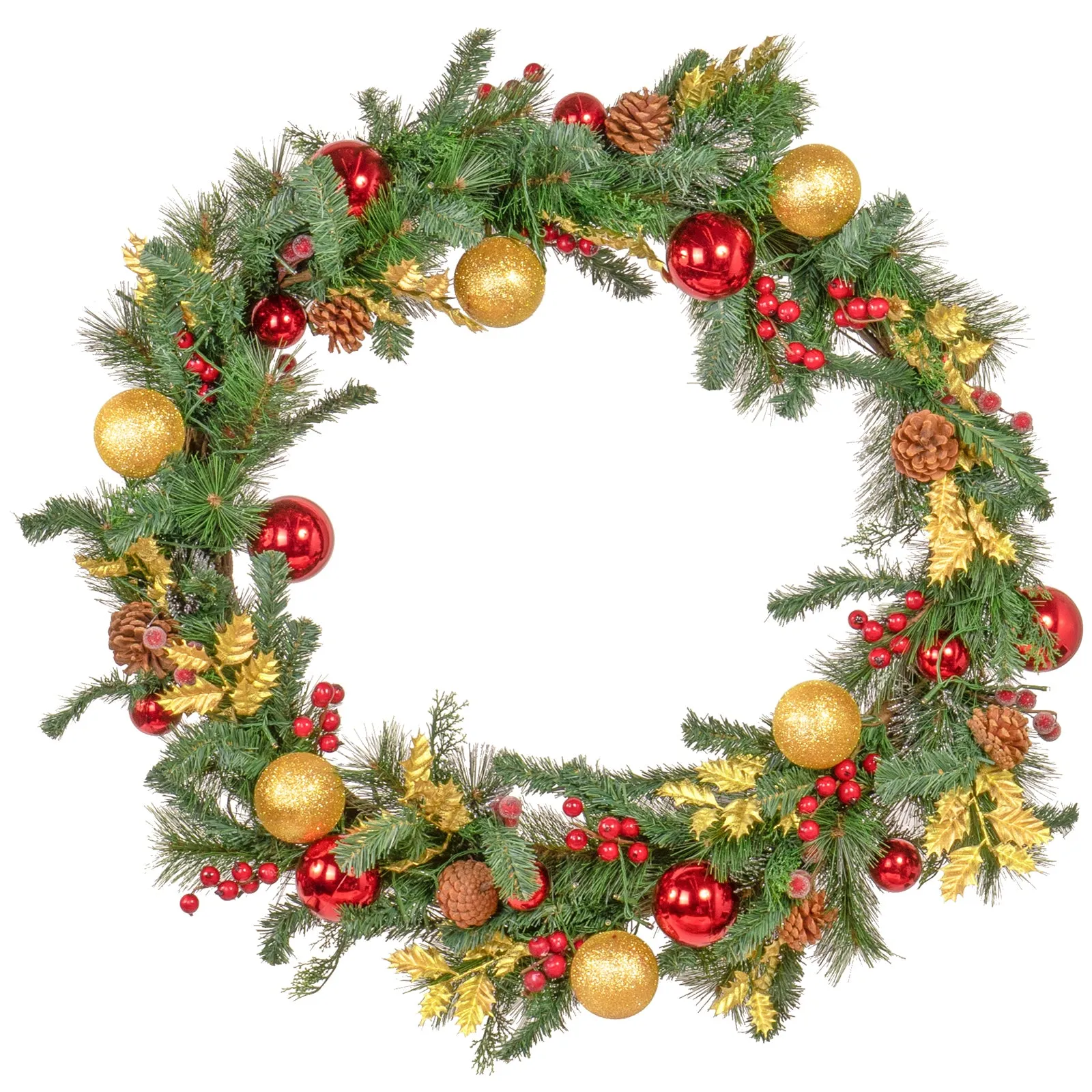 Light-Up Christmas Wreath with Red & Gold Ornaments, Battery Operated LED Lights with Timer