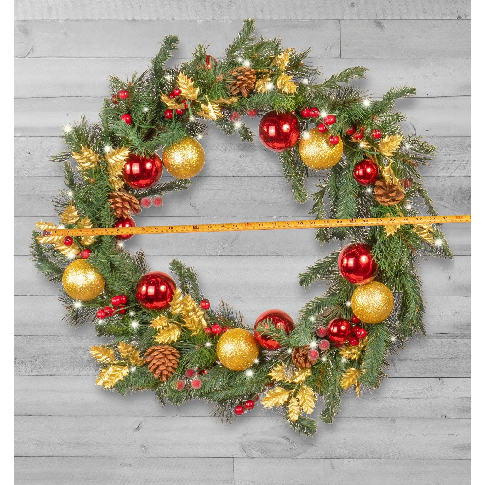 Light-Up Christmas Wreath with Red & Gold Ornaments, Battery Operated LED Lights with Timer