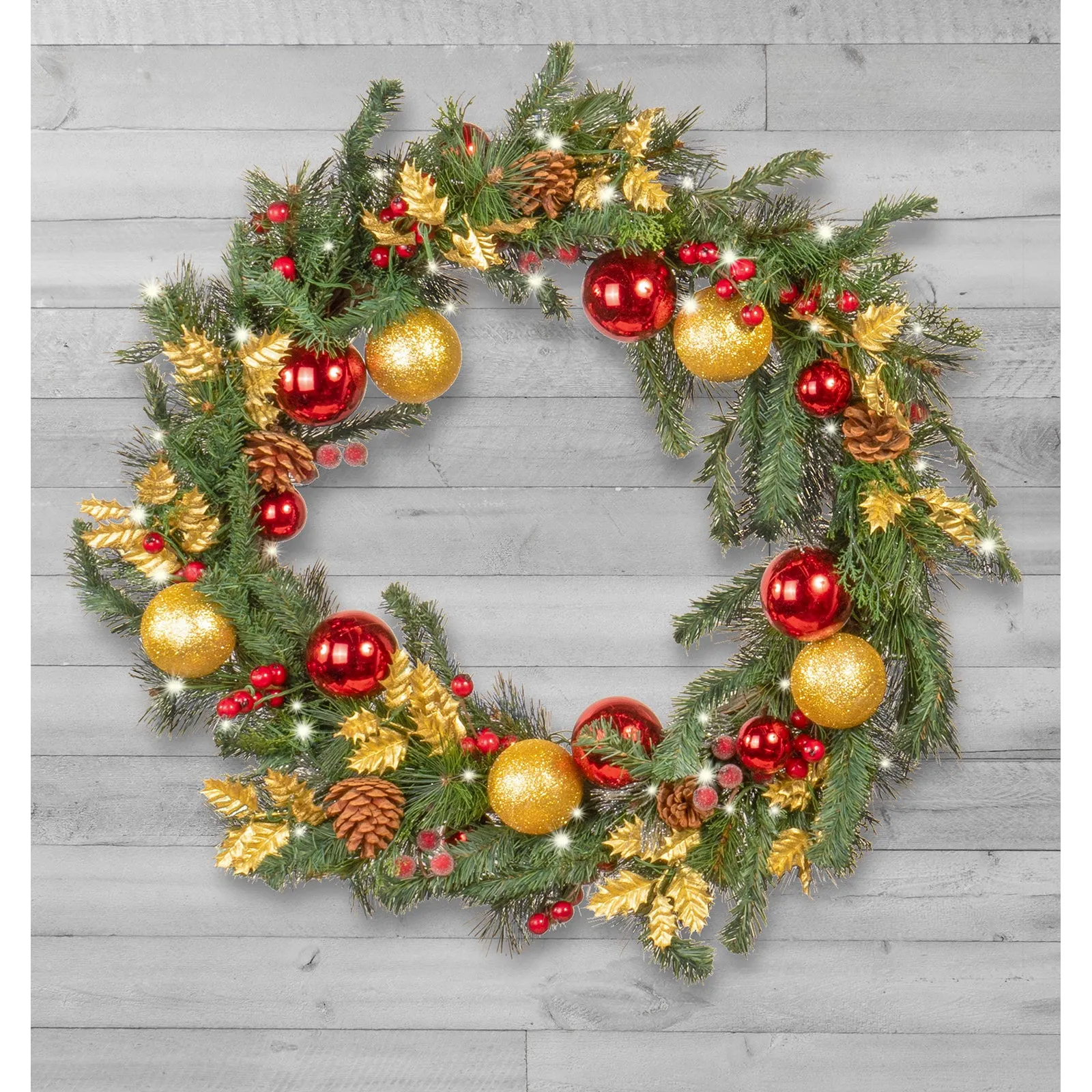 Light-Up Christmas Wreath with Red & Gold Ornaments, Battery Operated LED Lights with Timer