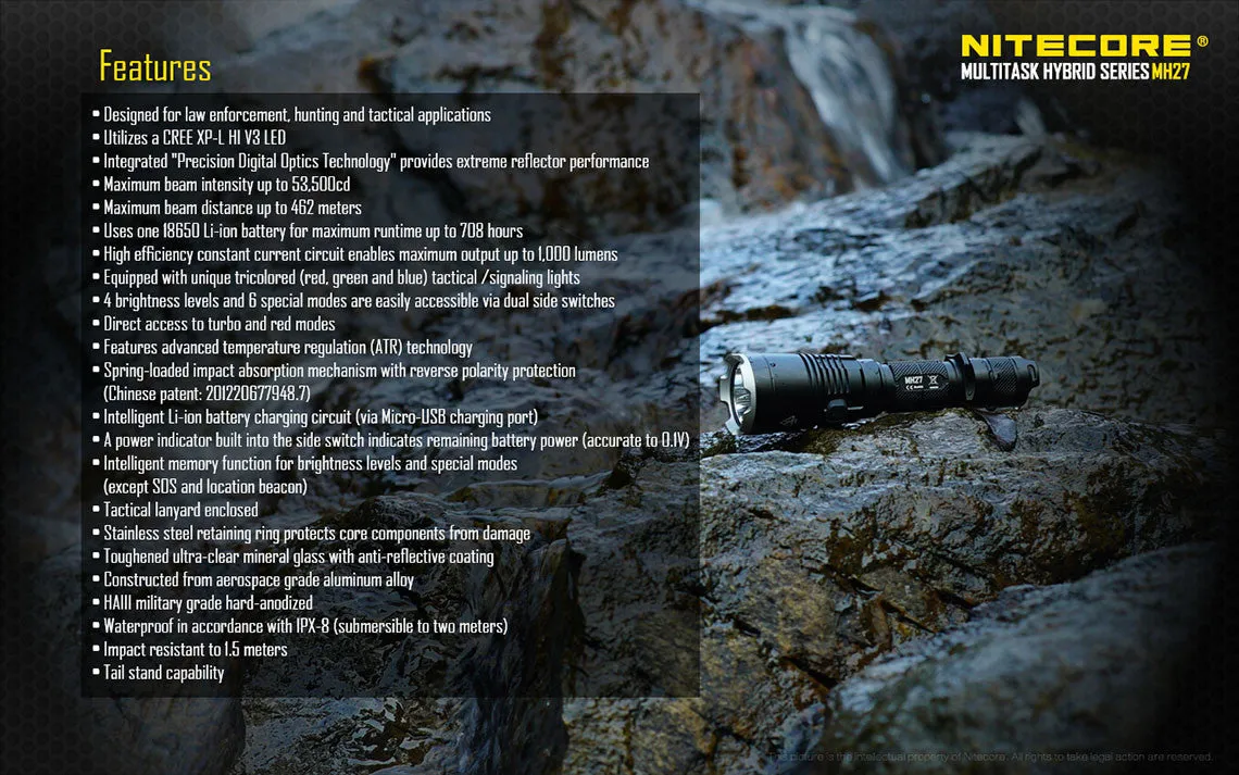 Nitecore MH27 RGB LED USB Flashlight XP-L HI Cree LED With Nitecore NL1823 18650 Lithium Battery