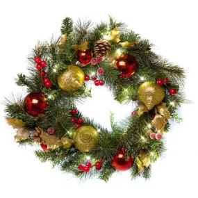 Red Co. 22” Light-Up Christmas Wreath with Red & Gold Ornaments, Plug-in LED Lights