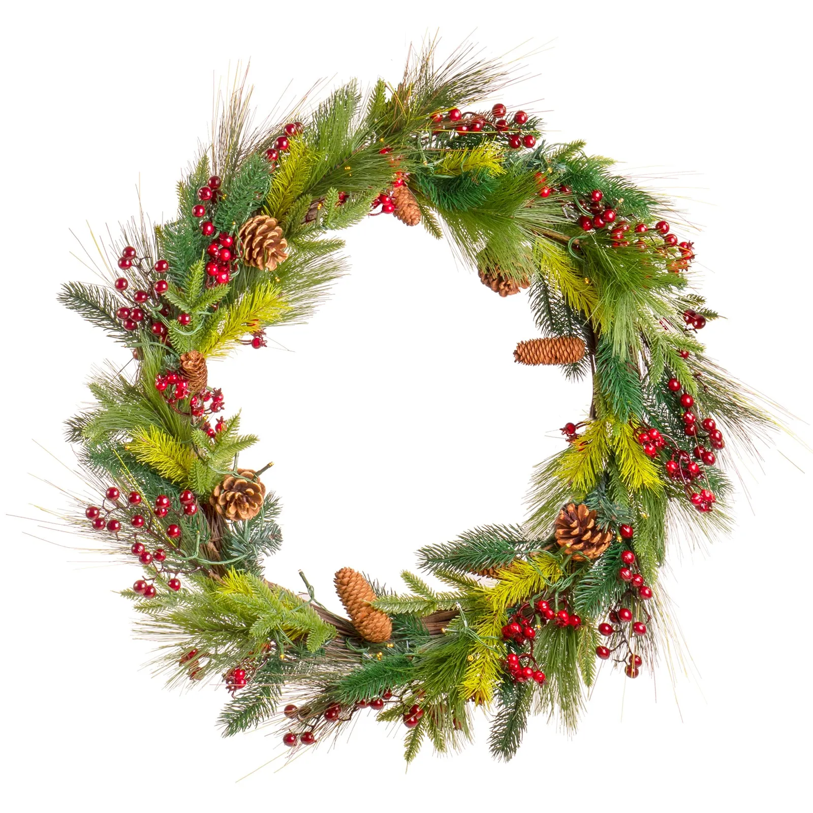 Red Co. Light-Up Christmas Wreath with Pinecones & Pine, Battery Operated LED Lights with Timer (30 inches - Diameter)