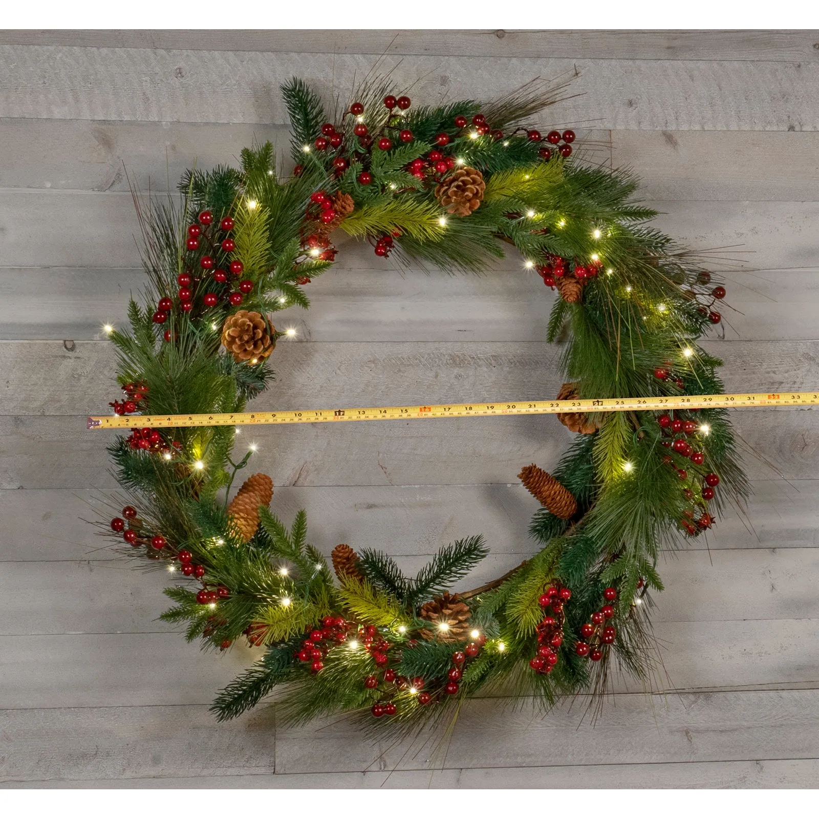 Red Co. Light-Up Christmas Wreath with Pinecones & Pine, Battery Operated LED Lights with Timer (30 inches - Diameter)