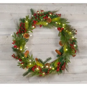 Red Co. Light-Up Christmas Wreath with Pinecones & Pine, Battery Operated LED Lights with Timer (30 inches - Diameter)