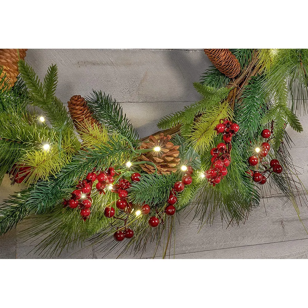 Red Co. Light-Up Christmas Wreath with Pinecones & Pine, Battery Operated LED Lights with Timer (30 inches - Diameter)